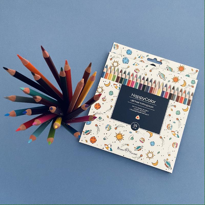 картинка Карандаши цветные Bruno Visconti, серия "Happycolor", 24 цв., трехгран., деревянные, карт. упаковка от магазина МегаБайт