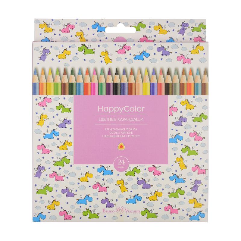картинка Карандаши цветные Bruno Visconti, серия "Happycolor", 24 цв., трехгран., деревянные, карт. упаковка от магазина МегаБайт
