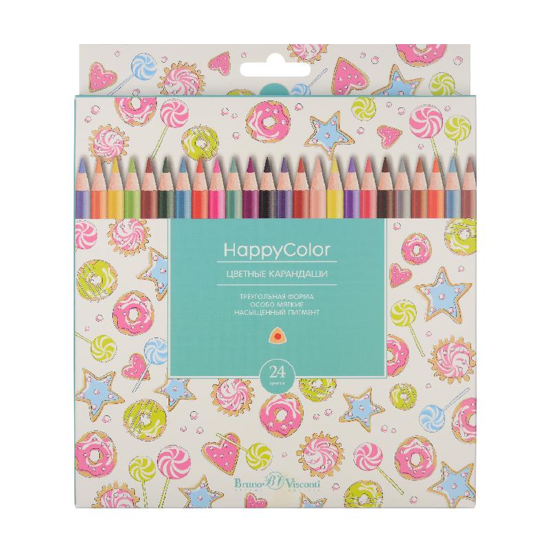 картинка Карандаши цветные Bruno Visconti, серия "Happycolor", 24 цв., трехгран., деревянные, карт. упаковка от магазина МегаБайт