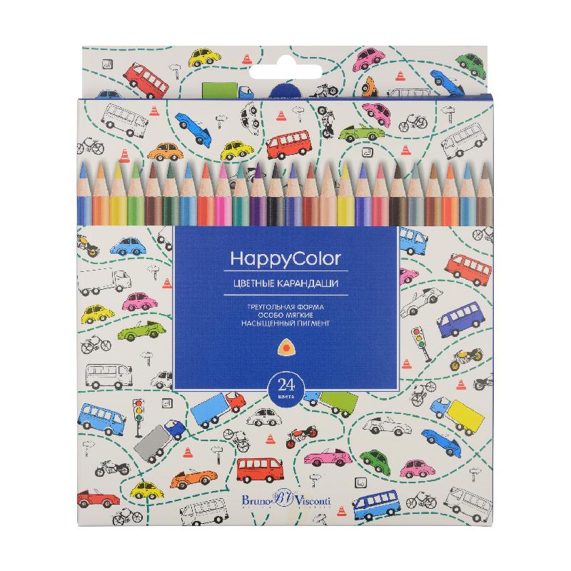 картинка Карандаши цветные Bruno Visconti, серия "Happycolor", 24 цв., трехгран., деревянные, карт. упаковка от магазина МегаБайт